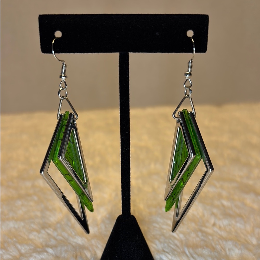Geometric Green and Silver Earrings Pierced Wire Art Deco Dangle